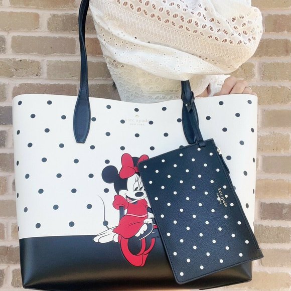 Kate Spade X Disney Minnie Mouse & Figaro White Polka Dot Leather Tote Handbag - Picture 2 of 5